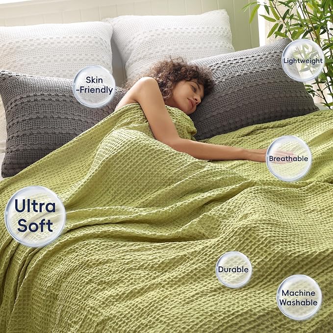 PHF Ultra Soft Waffle Weave Blanket King Size 104"x 90"- Washed Lightweight Breathable Cozy Woven Blanket for Bed - Aesthetic Decor for Couch Bedding Sofa Home Car - Olive Green-Ruum Studio Home