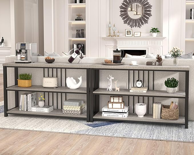 FOLUBAN Console Tables for Entryway, Sofa Table with 3 Tier Storage for Living Room Hallway Foyer Behind Couch, Rustic Light Grey-Ruum Studio Home