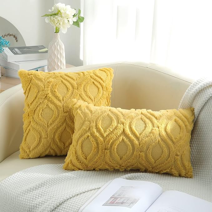 decorUhome Throw Pillow Covers 20x20 Inch Set of 2, Soft Plush Decorative Faux Fur Mustard Yellow Solid Couch Pillow Covers, Accent Farmhouse Neutral Square Euro Pillow Cases for Sofa Bed Living Room-Ruum Studio Home