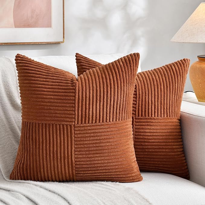 Fancy Homi 2 Packs Rust Big Decorative Throw Pillow Covers 24x24 Inch for Living Room Couch Bed, Rustic Farmhouse Boho Home Decor, Soft Corss Corduroy Patchwork Square Terracotta Cushion Case 60x60 cm-Ruum Studio Home