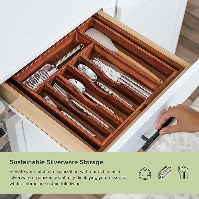 Premium Silverware, Flatware and Utensil Organizer for Kitchen Drawers, Expandable 14.5 to 25 Inches Wide, 10 Compartments, Food-Safe Premium Acacia Wood Finish Kitchen Storage Tray-Ruum Studio Home
