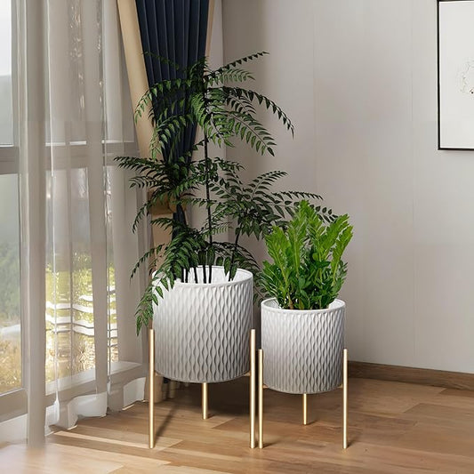 ARNIS Plants Pots with Stand,Set of 2 Flower Pots, Unique Mid Century Decorative Metal Flower Pots with Drainage,10.5&12.25 Inch, Grey and White-Ruum Studio Home
