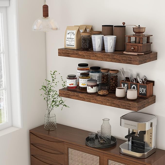 12 Inch Deep Floating Shelves for Wall | 30 Inch Floating Shelves Set of 2 | Rustic Wood Shelves for Living Room Bathroom Laundry Room Bedroom Kitchen Home Office - Rustic Brown-Ruum Studio Home
