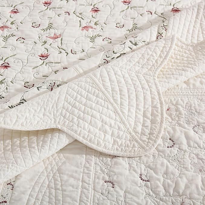 MarCielo 3-Piece 100% Cotton Oversized Bedspread Lightweight Quilt Coverlet Embroidery Farmhouse Bedding Set (TC Soft White,Oversized Queen (100"x106"))-Ruum Studio Home