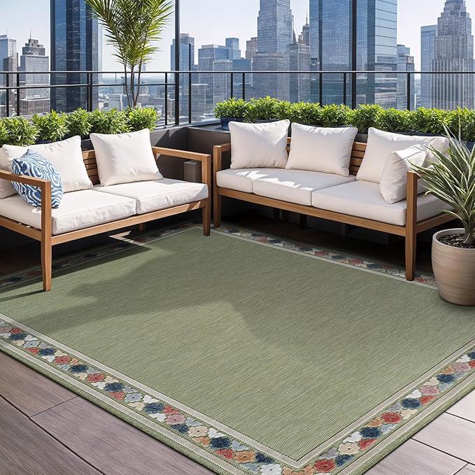 Beverly Rug Outdoor Rug 9x12 Modern Bordered Large Area Rugs for Indoor and Outdoor Patio Easy to Clean Non Shedding Living Room Porch Garden Washable Outside Carpet (9 x 12 Green)-Ruum Studio Home