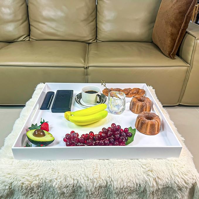 White Rectangular 18x20 Inches Acrylic Ottoman Tray Decorative Serving Tray with Cutout Handles Organizer Tray on Coffee Table Countertop Big Breakfast Bed Tray Living Room Appetizer Serving Food-Ruum Studio Home
