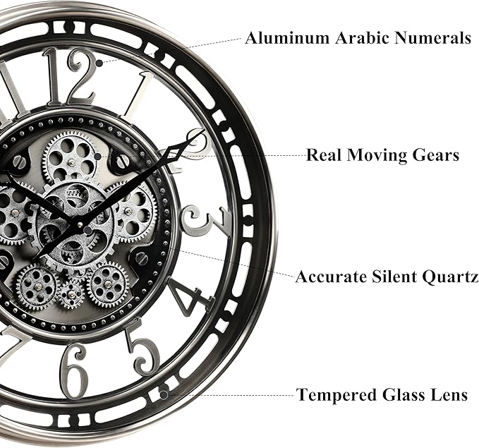 CLXEAST 21 Inch Large Moving Gear Wall Clock,Industrial Steampunk Decor,Decorative Wall Clock for Modern Farmhouse Living Room Decor,Gunmetal Silver Finish-Ruum Studio Home