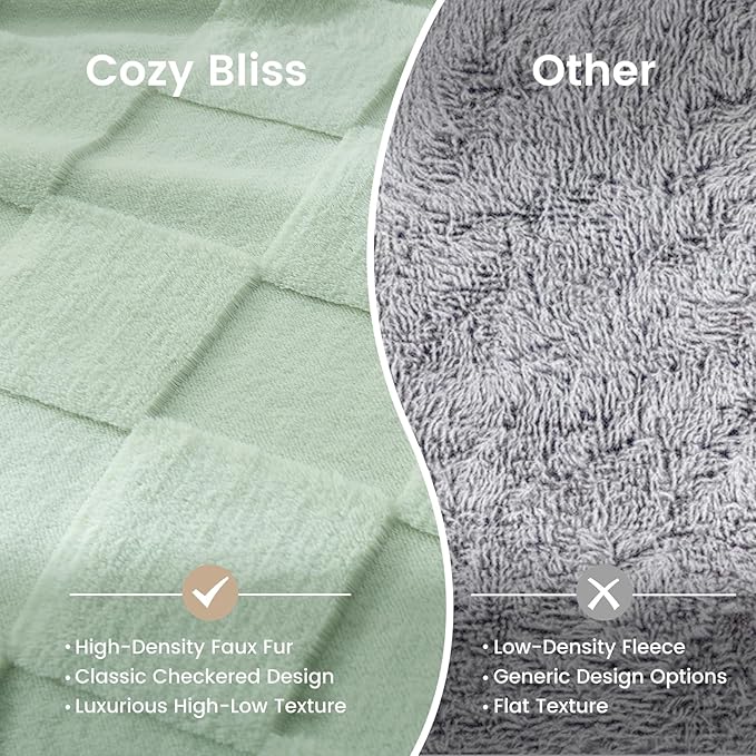 Cozy Bliss Checkered White Faux Rabbit Fur Throw Blanket, Soft Fuzzy Fluffy Minky Cream Furry Blankets for Couch, Bed (Sage Green, King(108" x 90")-Ruum Studio Home