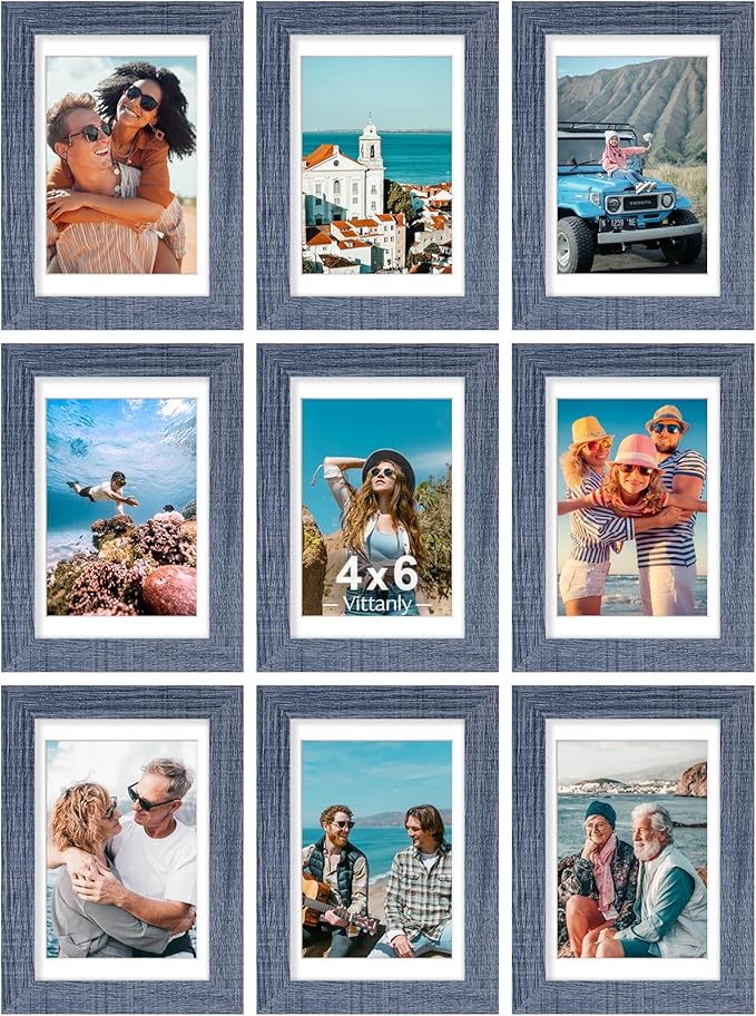 Vittanly 4x6 Picture Frames Set of 9, Shatter Resistant Plexiglass, Display 3.5x5 Pictures with Mat or 4x6 without Mat, Photo Frames for Wall or Tabletop, Engineered Wood, Navy-Ruum Studio Home