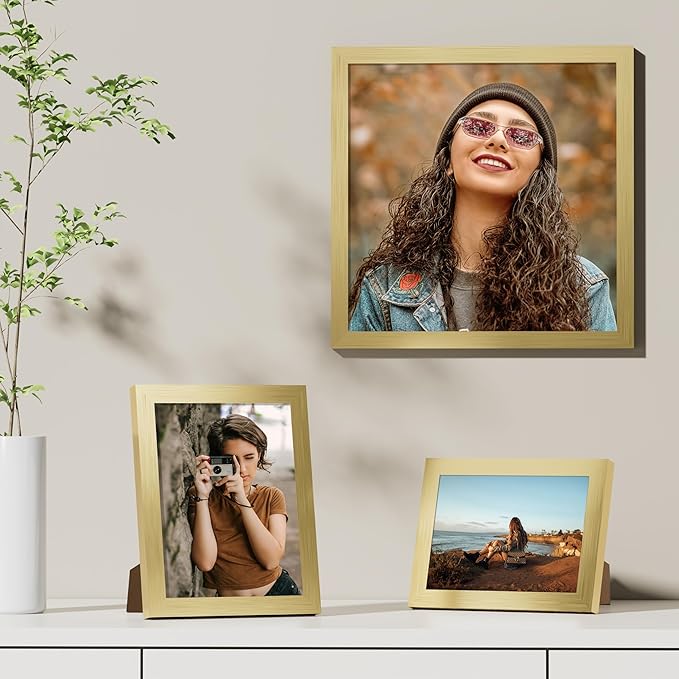 Vittanly 12x12 Picture Frames Set of 9, Shatter Resistant Plexiglass, Display 8x8 Pictures with Mat or 12x12 without Mat, Photo Frames for Wall Mount, Engineered Wood, Gold-Ruum Studio Home