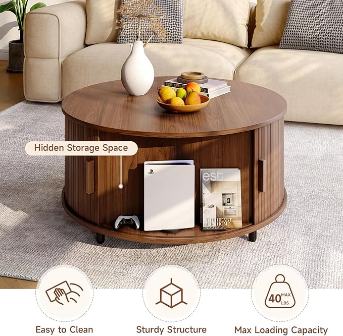 Round Coffee Table with Storage, 31.5" Modern Coffee Table with 360° Curved Sliding Door, Fluted Wood Accent Coffee Table with Adjustable Footpads, Round Center Table for Living Room, Walnut-Ruum Studio Home