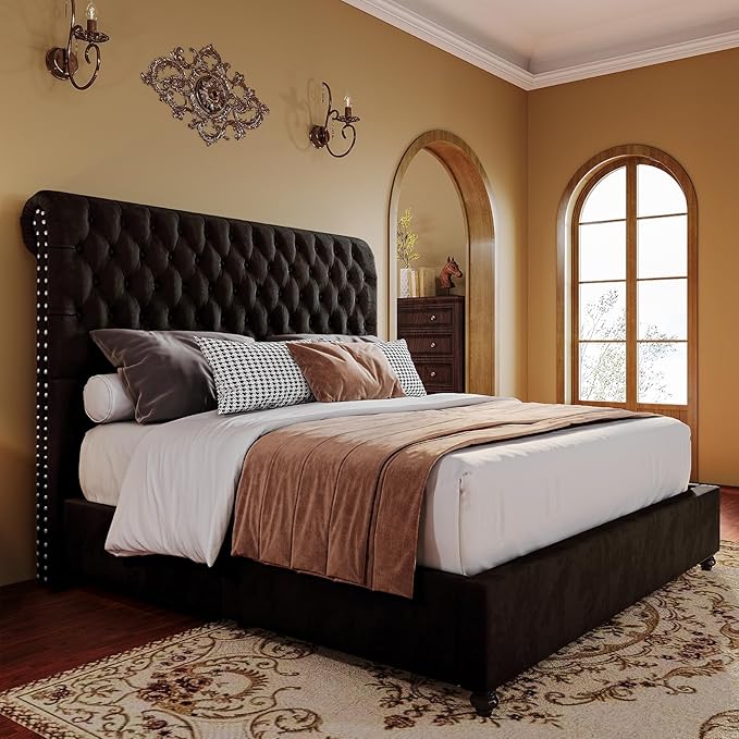 PaPaJet King Bed Frame Upholstered Platform Bed Frame with 52.8'' Tall Sleigh Headboard, Button Tufted, No Box Spring Needed, Easy Assembly, Black-Ruum Studio Home