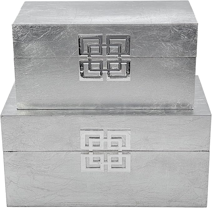 Galt International Storage Box Set Decorative Storage Box w/Hinged Lid Classic Design Wood Decor Boxes with Geometric Clasp Storage for Bedroom & Home - Set of 2 (Silver)-Ruum Studio Home