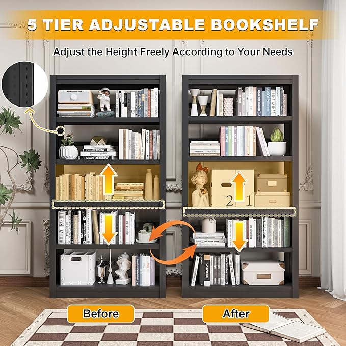 5 Tier Adjustable Black Bookcase, Metal Small Bookshelves and Bookcases, 61" H Display Modern Bookshelf for Living Rooms, Bedrooms, Home Offices, 10 Minutes Assemble-Ruum Studio Home