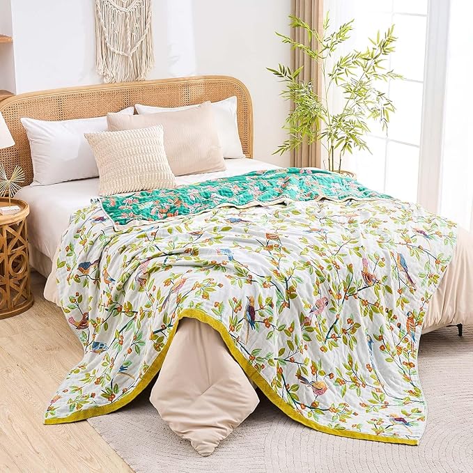 Boho Throw Blanket for Bed, 100% Cotton Soft Rustic Quilt Fall Blanket, 80"x90" Floral Printed Farmhouse Decor Bed Blankets, All Season Rustic Reversible Bohemian Throw Quilt-Ruum Studio Home