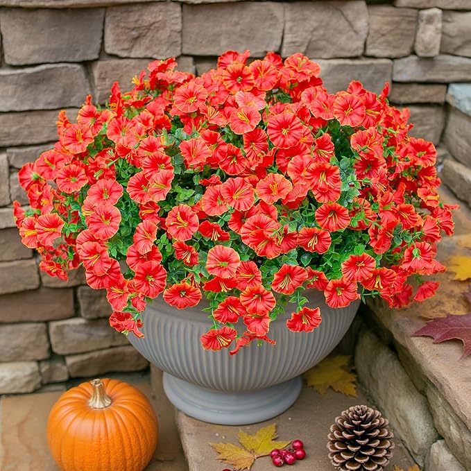Artificial Fall Flowers Fake Plants for Outdoors Autumn Decoration, 12 Bundles Orange Silk Morning Glory with Eucalyptus Look Real UV Resistant Faux Flowers for Outside Planters Front Door Yard Indoor-Ruum Studio Home
