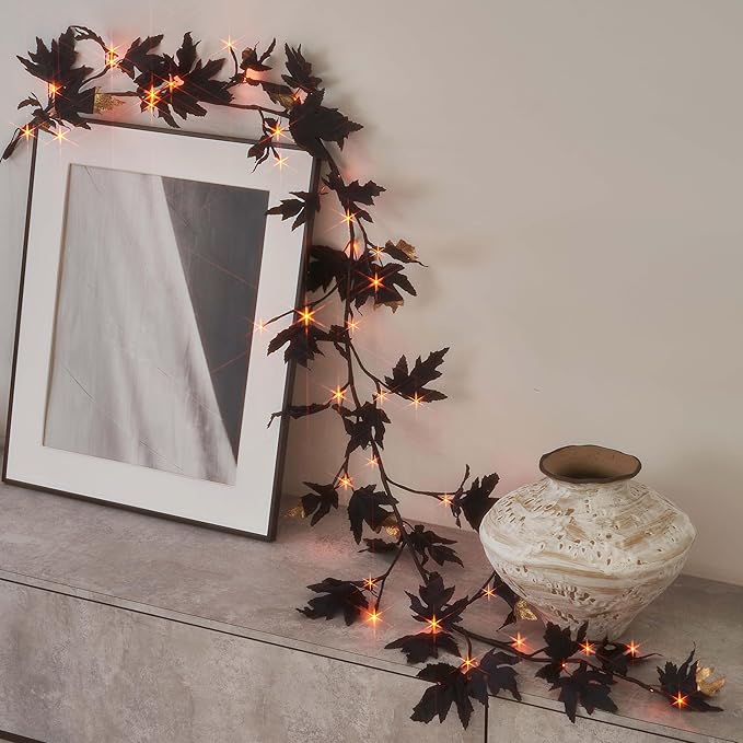 Birchlitland Halloween Black Maple Garland with Lights Timer 48 LED Orange and Warm White Fairy Lights, Battery Operated for Indoor and Outdoor Halloween Party Decoration-Ruum Studio Home