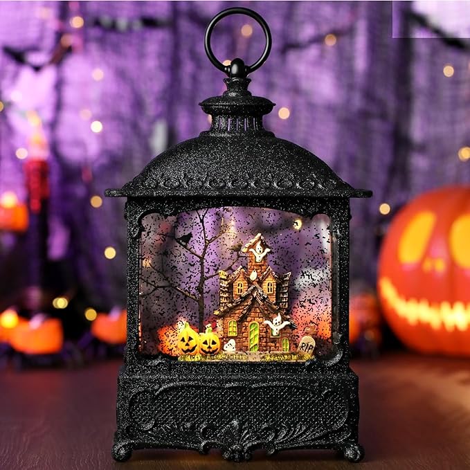 Halloween Snow Globe Lantern Haunted House Pumpkin Ghost Tree Crow Rip Dancing Bats with Timer, USB and Battery Powered 12 inch-Ruum Studio Home