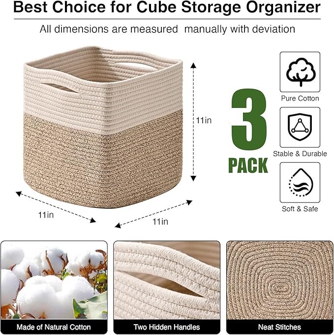 11 Inch Cube Storage Bins, Organizer Woven Cotton Rope Square Baskets for Organizing Shelves, Toys, Nursery, Off White & Brown (Pack of 3)-Ruum Studio Home
