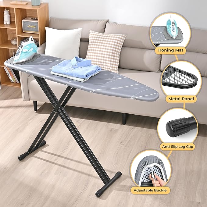 APEXCHASER Ironing Board with Silicon Iron Rest, Heavy-Duty Legs and Heat Resistant Cover, 13x53 inch, Black-Ruum Studio Home