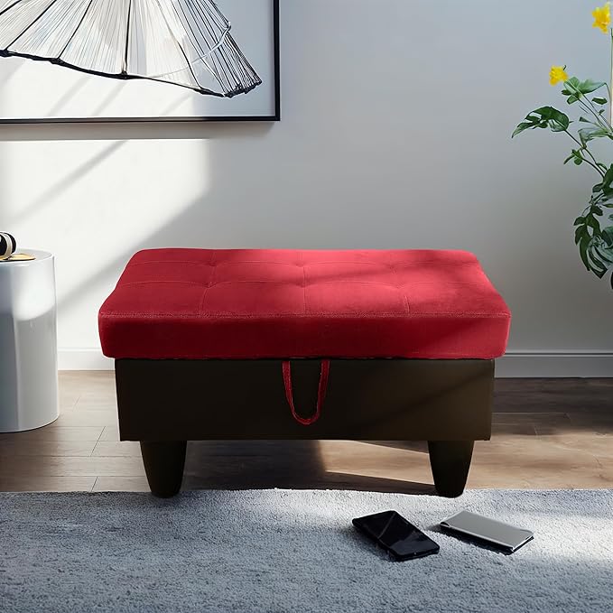 Ottoman Rectangular Storage Ottoman Bench, Flannel Footrest Stool Footstool with Lid for Living Room, Bedroom, Entryway, Red&Black, 35"x23.5"x17.5"-Ruum Studio Home