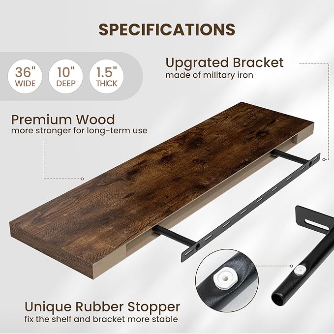 Fun Memories Floating Shelves for Wall 36 Inches, Wood Shelves with Invisible Bracket, 10" Deep Shelves Wall Mounted, Large Floating Shelves for Living Room Bathroom, Rustic Brown, Set of 2-Ruum Studio Home