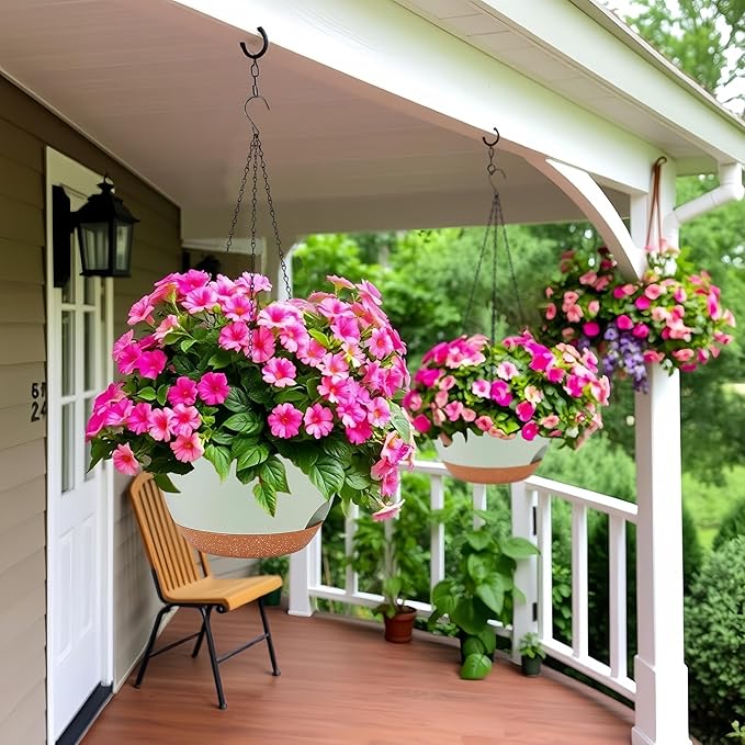 2 Pack 12 Inch Large Hanging Planters with Chains Self Watering Green Brown Plastic Hanging Pots for Indoor Outdoor Plants, Garden Porch Home Decor，Green Brown-Ruum Studio Home