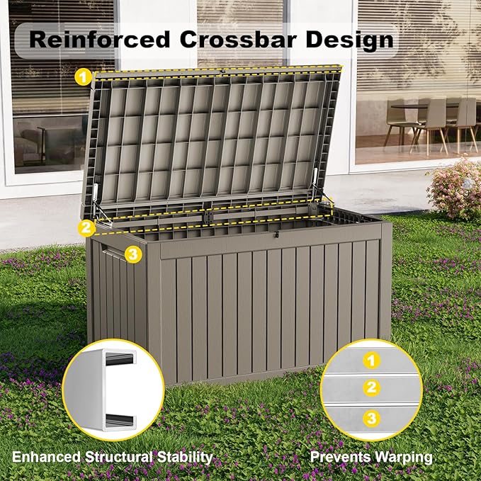 230 Gallon Outdoor Deck Box,Storage Lockable Waterproof Patio Furniture,Garden Tools,Cushions,Pool Accessories Outside Storage Resin Box(Grey)-Ruum Studio Home