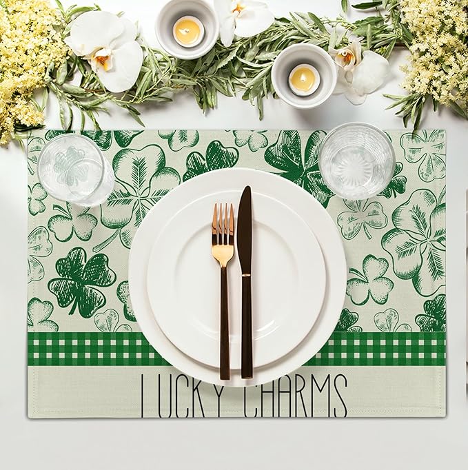 Green Shamrock St Patricks Day Placemats Set of 4 Lucky Clover Plaid Check Table Mat 12x18 Inch St. Patrick's Day Seasonal Holiday Place Mats Spring Linen Placemat for Party Kitchen Dining Decor-Ruum Studio Home