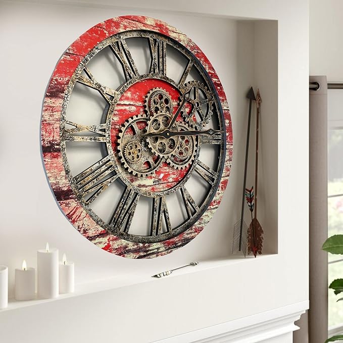 The Gears Clock The Original Real Moving Gear Wall Clock Vintage Industrial Oversized Rustic Farmhouse (24 inch (60cm),Red Lava)-Ruum Studio Home