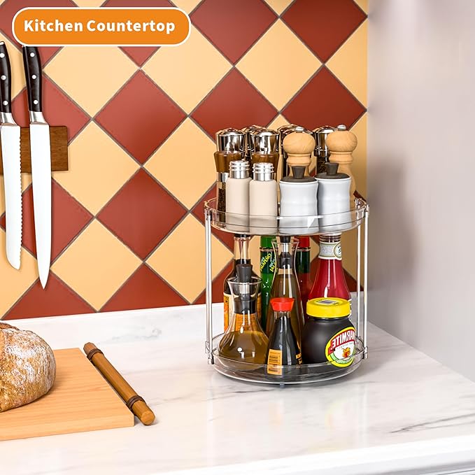 2 Tier Lazy Susan Turntable for Cabinet,Countertop,Pantry,9.5"W Spinning Seasoning Organizer,Double Rotating Kitchen Spice Rack Organizer and Condiments,Medicine,Vitamin Bottle Organizer Carousels,1Pc-Ruum Studio Home