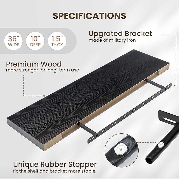 Fun Memories Floating Shelves for Wall 36 Inches, Wood Shelves with Invisible Bracket, 10" Deep Shelves Wall Mounted, Large Wood Floating Shelves for Living Room Bathroom, Black, Set of 2-Ruum Studio Home