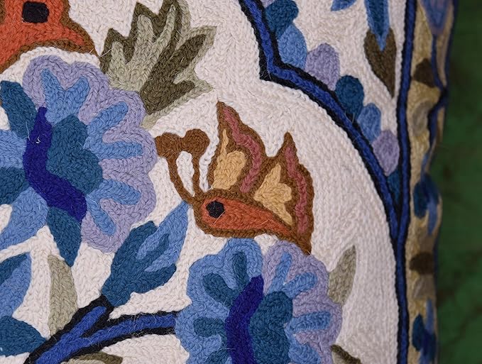 Blue Tree of Life Pillow Cover Blues Birds Floral Decorative Pillowcase Flower Outdoor Suzani Cushion Needlepoint Hand Embroidered Wool Size - 18x18-Ruum Studio Home