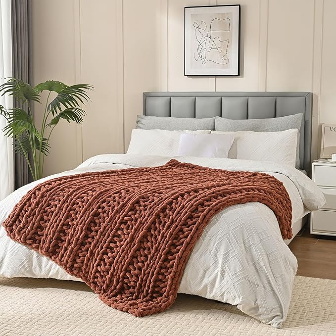Esterra Chunky Knit Blanket Throw, 100% Handmade Chenille Throw Blanket 50"x60", Soft Thick Yarn Cable Knit Crochet Throw Blanket Rope Knot Throw for Couch Bed Sofa, Copper Brown-Ruum Studio Home