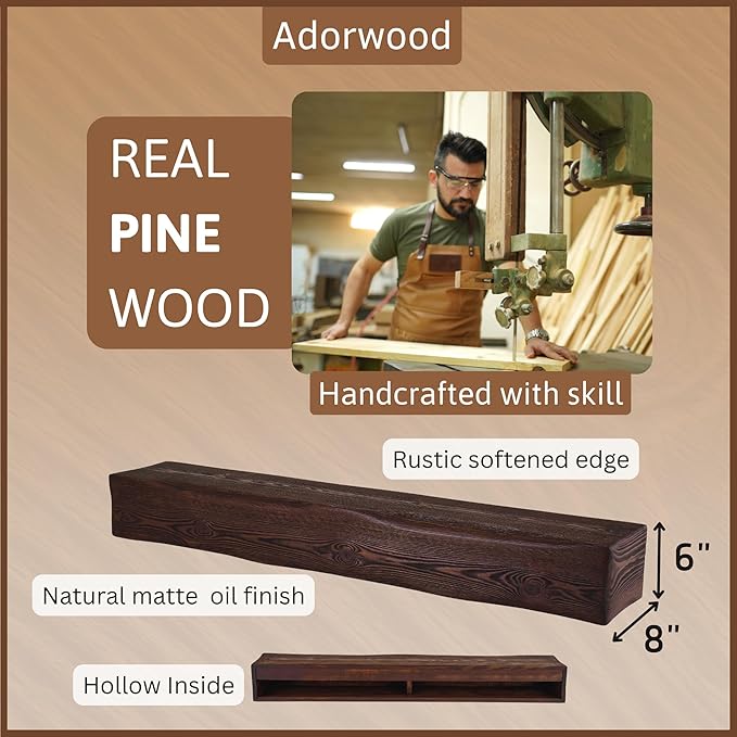 Handmade Fireplace Mantel Shelf 72", Extra Wide Rustic Wood Mantles for Over Fireplace, Wall Mounted Floating Mantel Shelves for Living Room Decor (Dark Walnut, 72Lx6Hx8D)-Ruum Studio Home