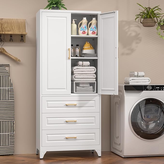 75" Kitchen Pantry Cabinet, Metal Storage Cabinets with Doors and Adjustable Shelves, White Tall Pantry Cabinet with 3 Drawers for Dinning Living Room-Ruum Studio Home