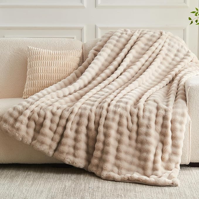 NEWCOSPLAY Faux Fur Twin Blanket Linen Bubble Blanket Thick Warm Soft for Couch Sofa Bed 550GSM (Linen, Twin(60"x80"))-Ruum Studio Home