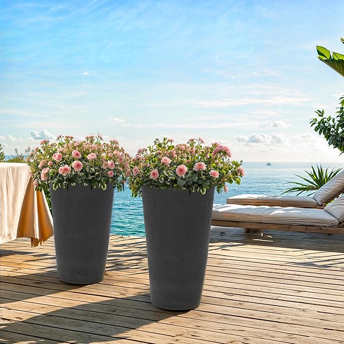 24" Tall Planters for Outdoor Plants, Set of 2 Heavy-Duty Resin Flower Pots, Matte Black Leather Grain Finish, Durable & Weather-Resistant, Ideal for Garden, Patio, Yard, Porch, or Home Use-Ruum Studio Home