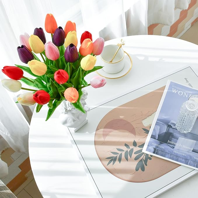 Mandy's Artificial Tulips 12 Stems Multicolor PU Faux Flowers for Wedding Home Decor 13.5 Inch-Ruum Studio Home