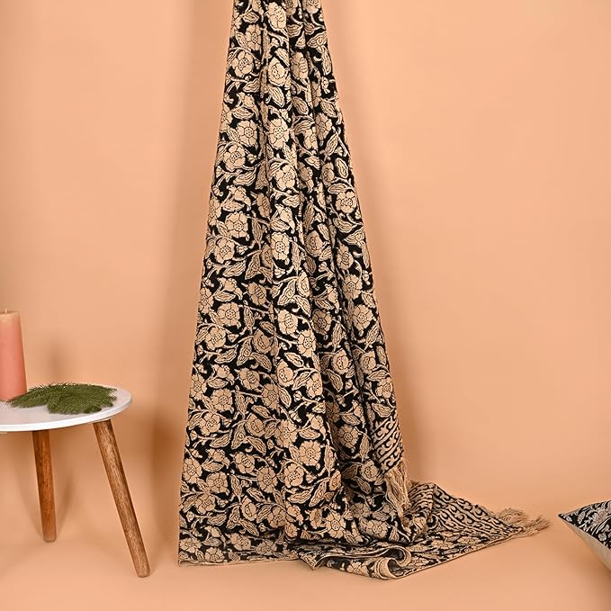 Handmade Cotton Throw Blanket, Floral Block Print, Black and Beige Wrap, 47x71 inches Decorative Woven Throw with Tassels-Ruum Studio Home