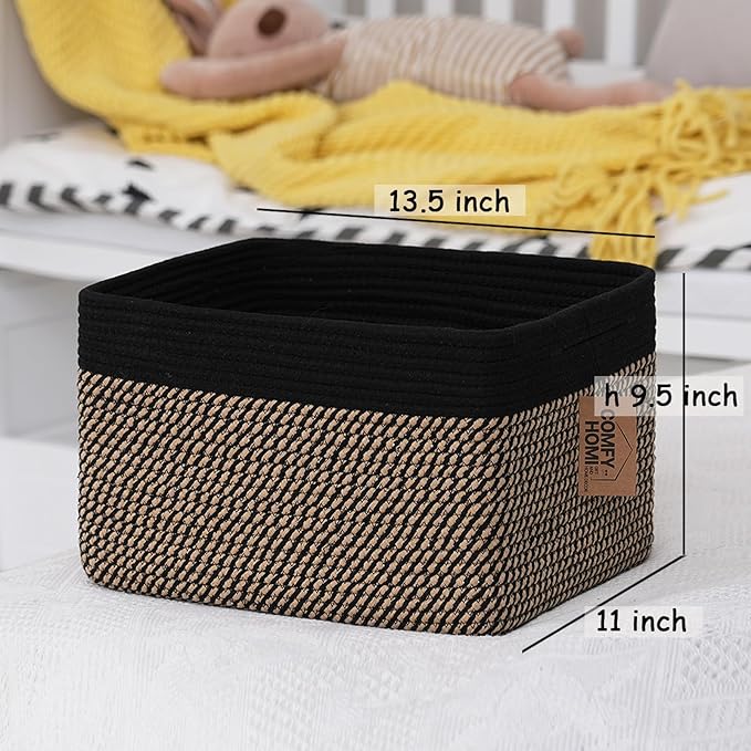 COMFY-HOMI 3PACK Cotton Rope Square Basket with Handles for Shelves|Dog Toy Bin and Storage|Baby Gift|Shoe Organizer|New 13.5" x 11" x 9.5" for Living Room (Black/Jute)-Ruum Studio Home