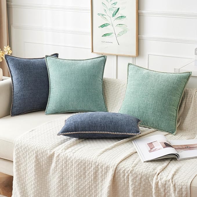 MIULEE Pack of 2 Couch Throw Pillow Covers 18x18 Inch Coastal Aqua Blue Farmhouse Decorative Pillow Covers with Stitched Edge Soft Chenille Solid Dyed Spring Pillow Covers for Sofa Bed Living Room-Ruum Studio Home