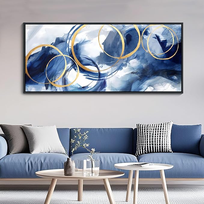 AJAZIKO Blue Abstract Canvas Wall Art Modern Wall Decor Artwork for Walls Living Room Large Painting Office Pictures for Wall Navy Gold Contempor Decorations for Bedroom-Ruum Studio Home