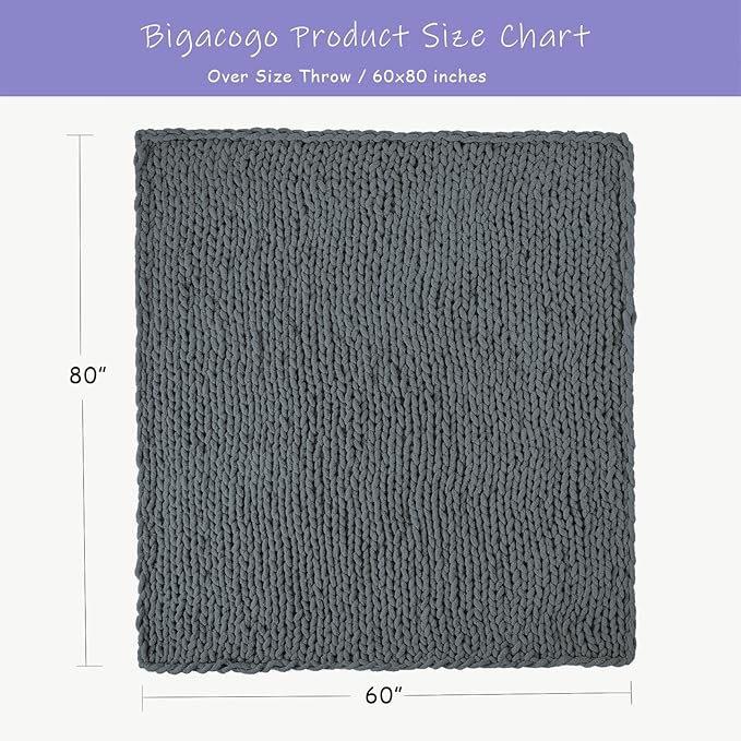 Bigacogo Chunky Knit Throw Blanket for Couch, 60x80 inches, 100% Hand Knitted with Thick Jumbo Chenille Yarn, Cozy Soft Large Rope Knot Cable Crochet Blankets for Sofa Bed Living Room, Iron Gray-Ruum Studio Home