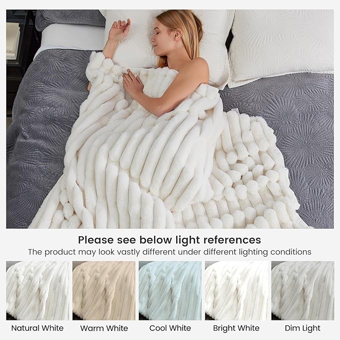 Cozy Bliss Faux Fur Throw Blanket for Couch, Cozy Warm Plush Striped Blanket for Sofa Bedroom Living Room, 50 * 60 Inches Cream White-Ruum Studio Home
