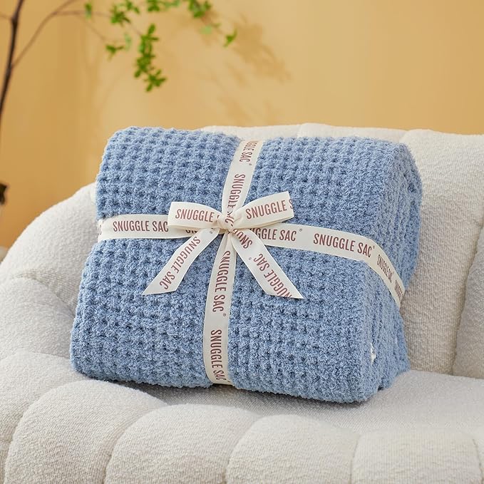 Snuggle Sac Ultra Soft Waffle Throw Blanket for Couch Bed Sofa 50x60 inches, Reversible Blue Blanket Microfiber Fluffy Fuzzy Cozy Knit Throws for Women Mothers Birthday Gifts-Ruum Studio Home