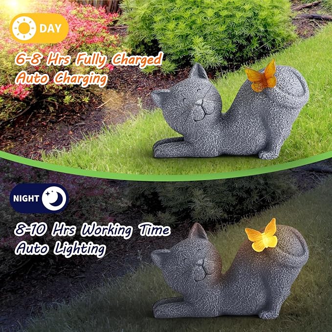 Solar Cat Garden Statue with Glowing Butterfly, Outdoor Resin Cat Figurine with Solar Light, Waterproof Yard Decor for Patio, Lawn, Porch, and Unique Garden Gifts for Cats Lovers-Ruum Studio Home