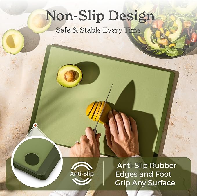 SMIRLY Plastic Cutting Board Set with Holder 3 Pieces, Non-Slip Dishwasher Safe Chopping Boards for Kitchen, Green-Ruum Studio Home