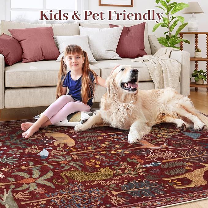 OJIA Jungle Print Washable Area Rugs 5x7, Soft Rugs for Living Room Ultra-Thin Non-Shedding Modern Bedroom Rug, Stain Resistant Throw Rug Large Carpet for Kids Nursery Dining Room, Red-Ruum Studio Home