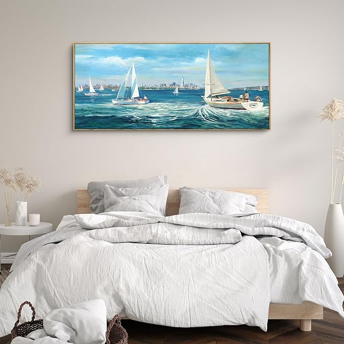 XLSJERST Large Blue Canvas Wall Art Seascape Painting - Landscape Picture Textured Navy Modern Sailboat Ocean Artwork Framed for Living Room Bedroom Bathroom Home Office Wall Decor Large Size 70"x31"-Ruum Studio Home